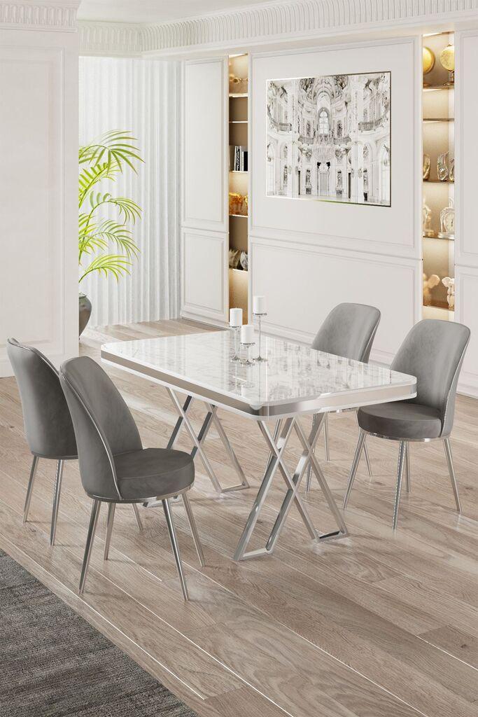 Hanah Home Set Trpezarijski sto i 4 stolice, Sivo-beli