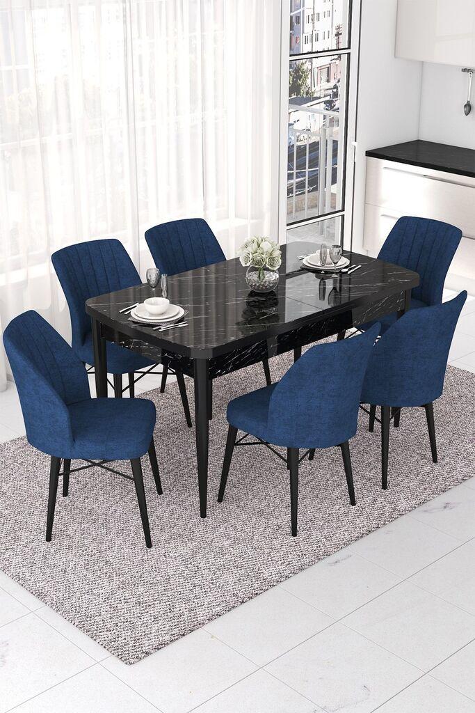 Hanah Home Set Trpezarijski sto i 6 stolica Nef, Plavo-crni