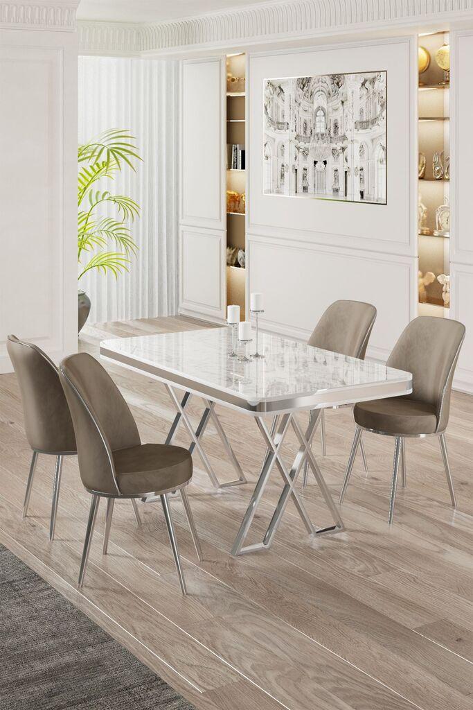 Hanah Home Set Trpezarijski sto i 4 stolice, Bež-beli