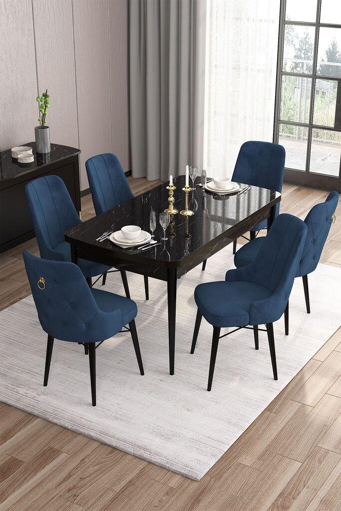 Hanah Home Set Trpezarijski sto i 6 stolica Are, Plavo-crni