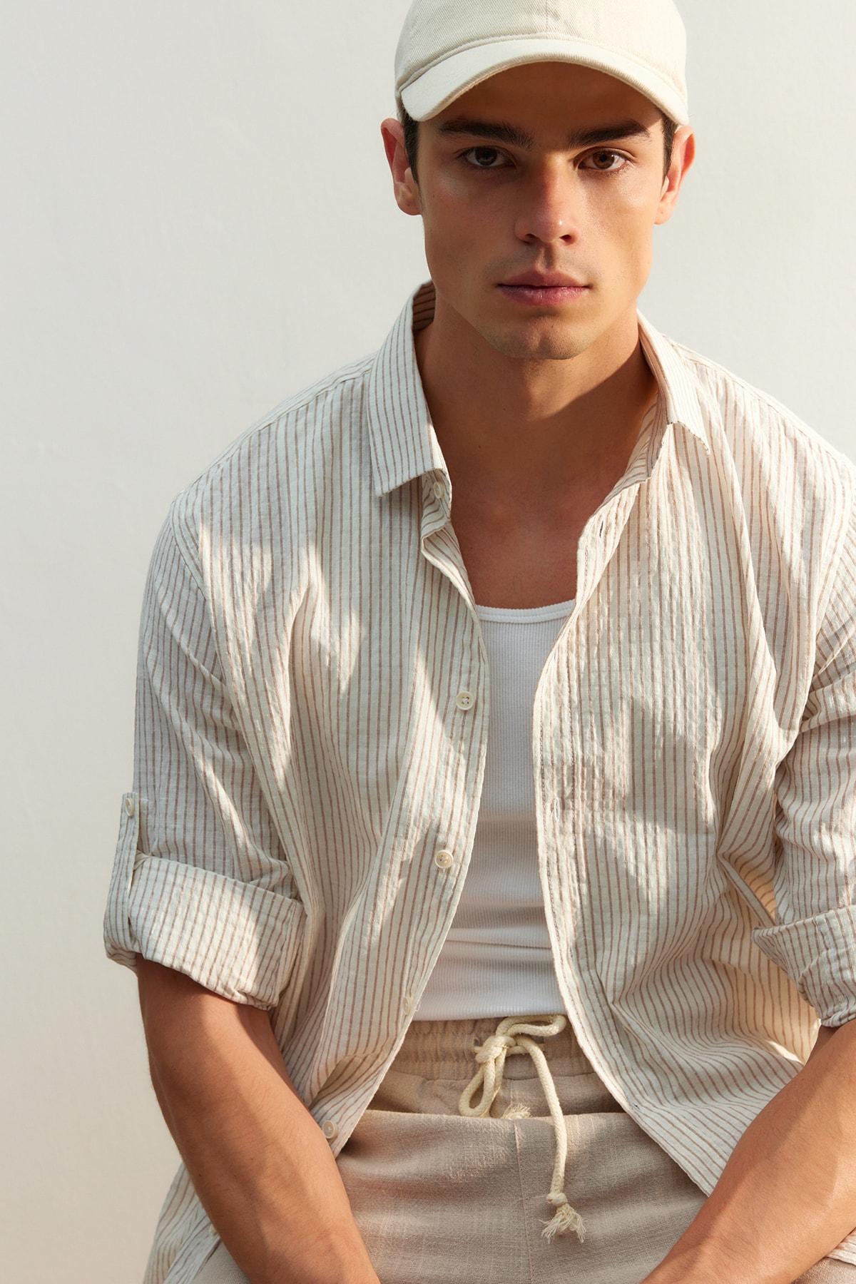 Trendyol Muška košulja sa prugicama, Bež