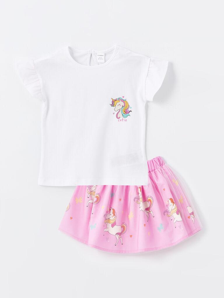 LC Waikiki Komplet za devojčice S4KU33Z1-R9J, Majica i suknja, Belo-roze