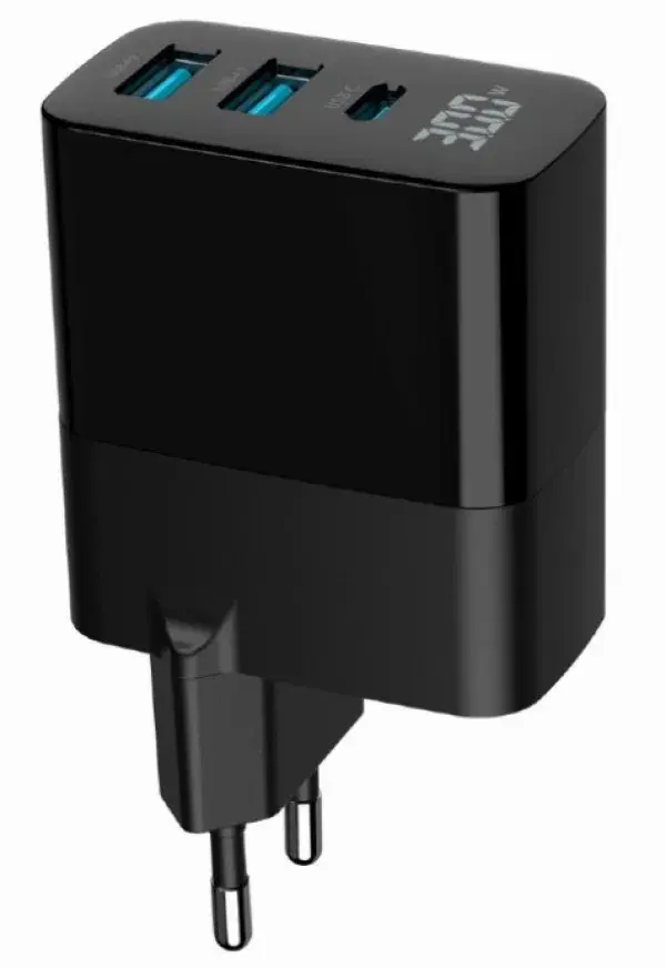 GEMBIRD Brzi punjač TA-UC-PDQC30LCD-BK-02, 30W, 2x USB A, USB C, LCD, Crni