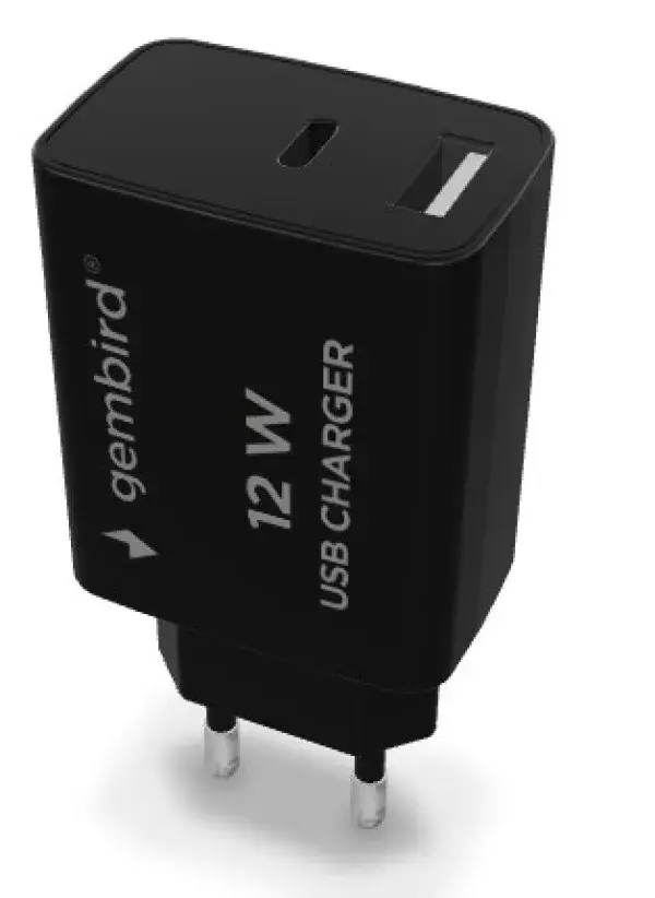 GEMBIRD USB Punjač TA-UC-2AC12-01-BK, USB A, USB C, 2.4 A, Crni
