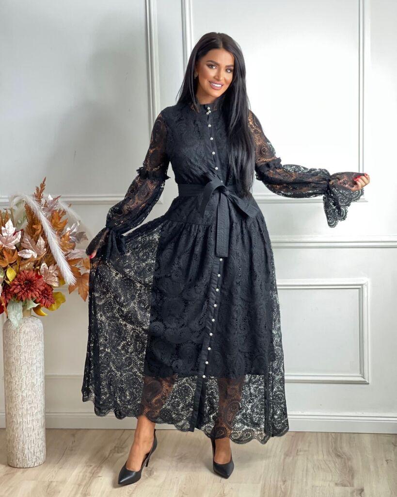 Squareonline Ženska haljina od čipke sa bisernim dugmadima, Crna