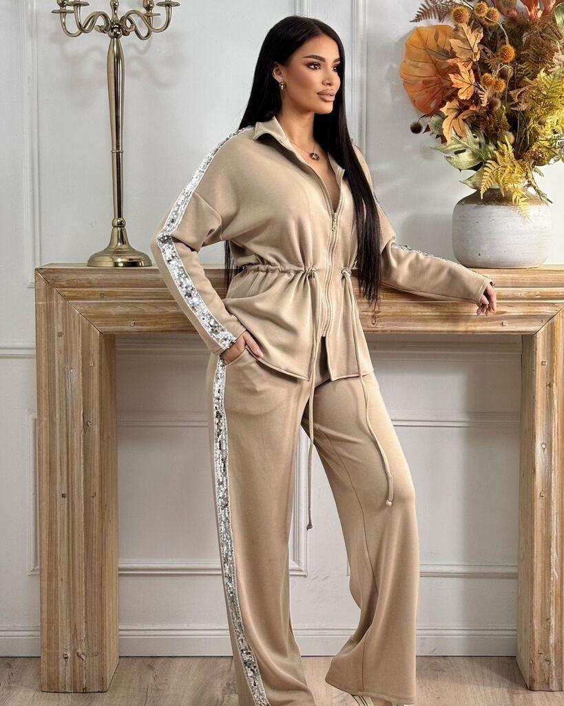 Squareonline Ženska komplet trenerka sa štrasom, Bež