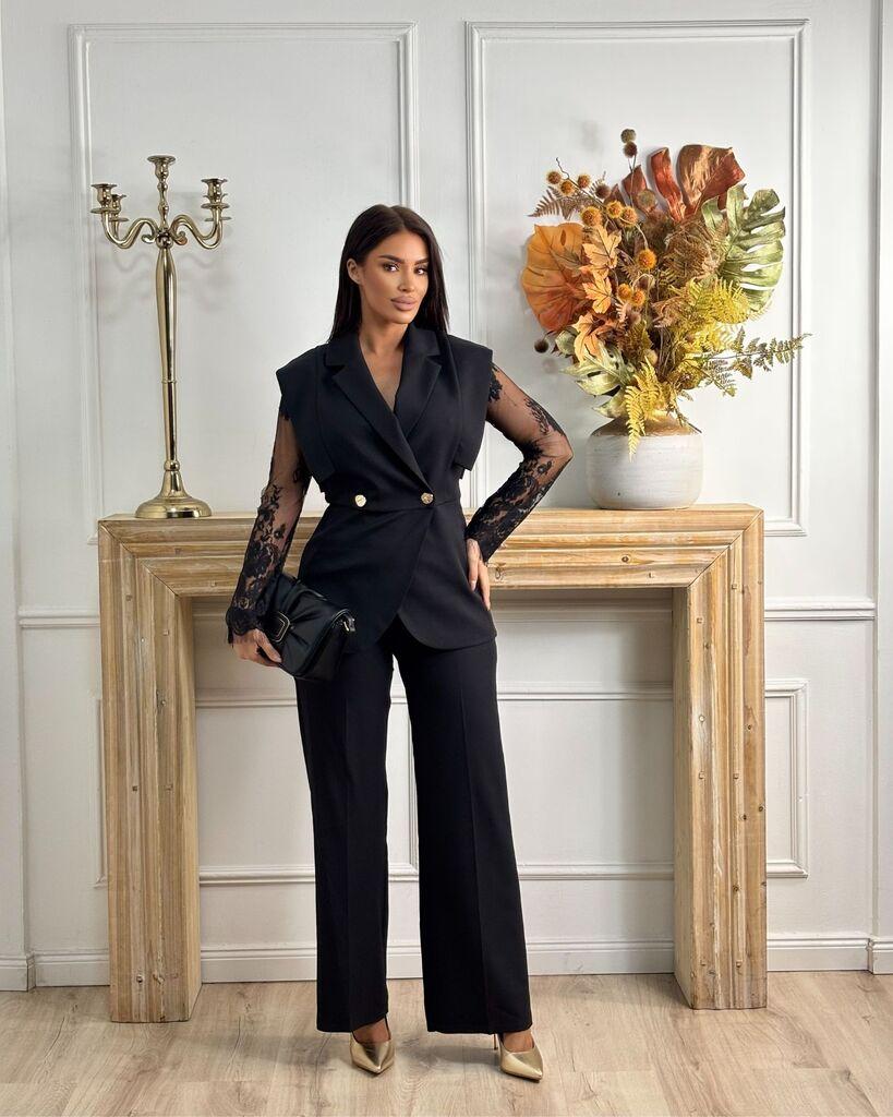 Squareonline Ženski komplet sa čipkanim rukavima, Crni