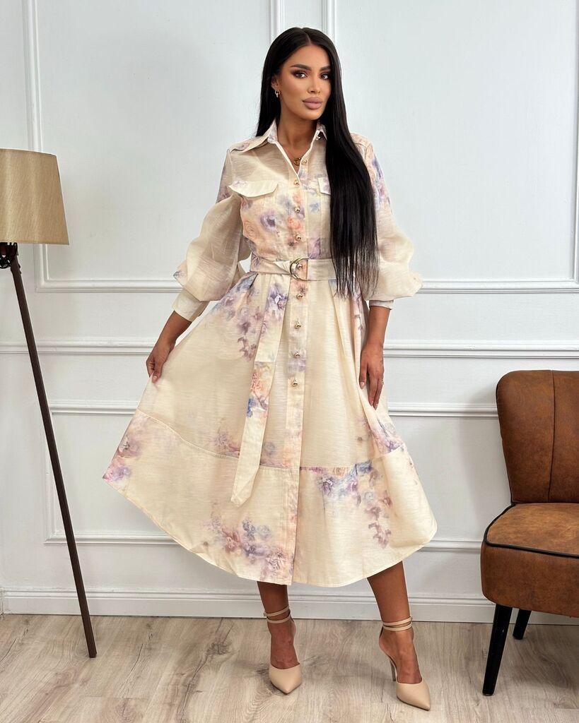 Squareonline Ženska haljina na cvetove sa zlatnim detaljima, Bež