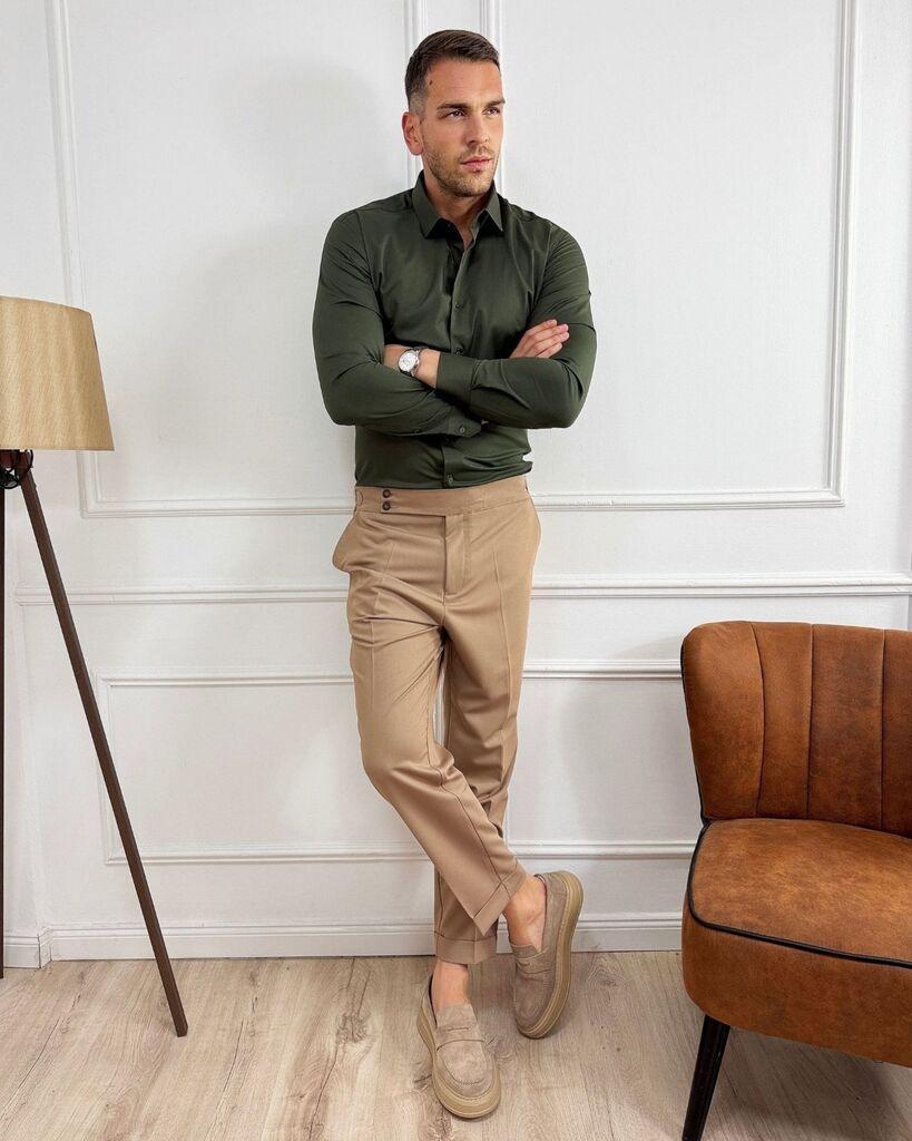 Squareonline Muška slim fit košulja, Maslinasta