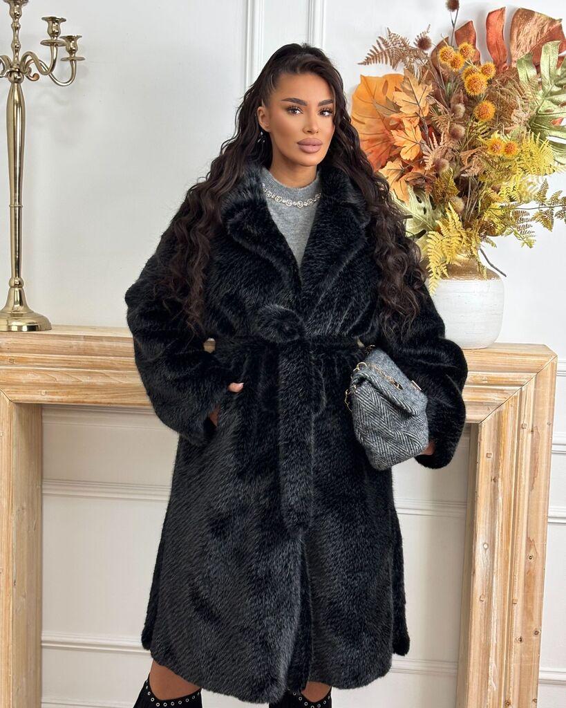 Squareonline Ženska duga bunda od eko krzna, Crna