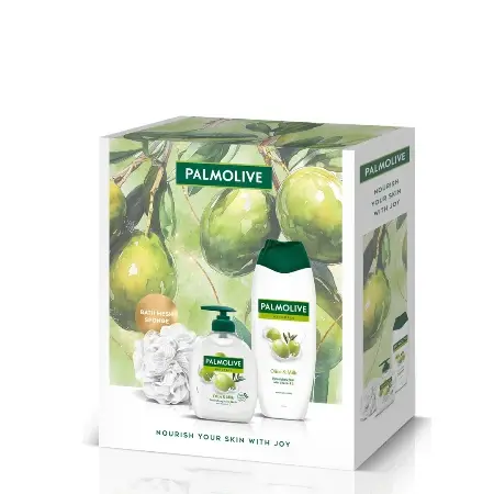 Palmolive Ženski kozmetički set Naturals olive, Gel za tuširanje 500ml, Tečni sapun 300ml i pufna