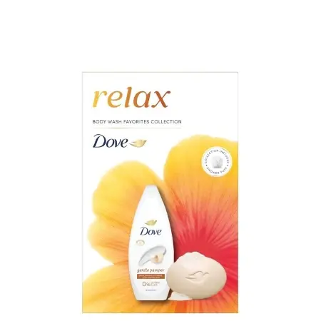 Dove Ženski kozmetički set Relax pamper, Gel za tuširanje 250ml + sapun 90g + pufna