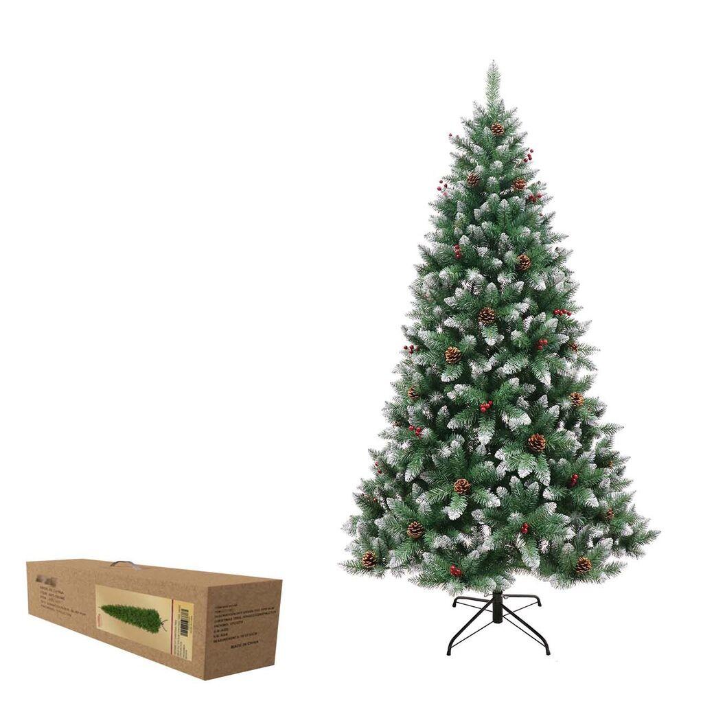 Novogodišnja jelka sa šišarkama i bobicama, Sa postoljem, 240cm, Zeleno-bela