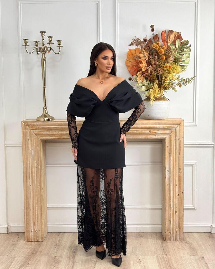 Squareonline Ženska haljina sa čipkom i čipkanim rukavima, Crna