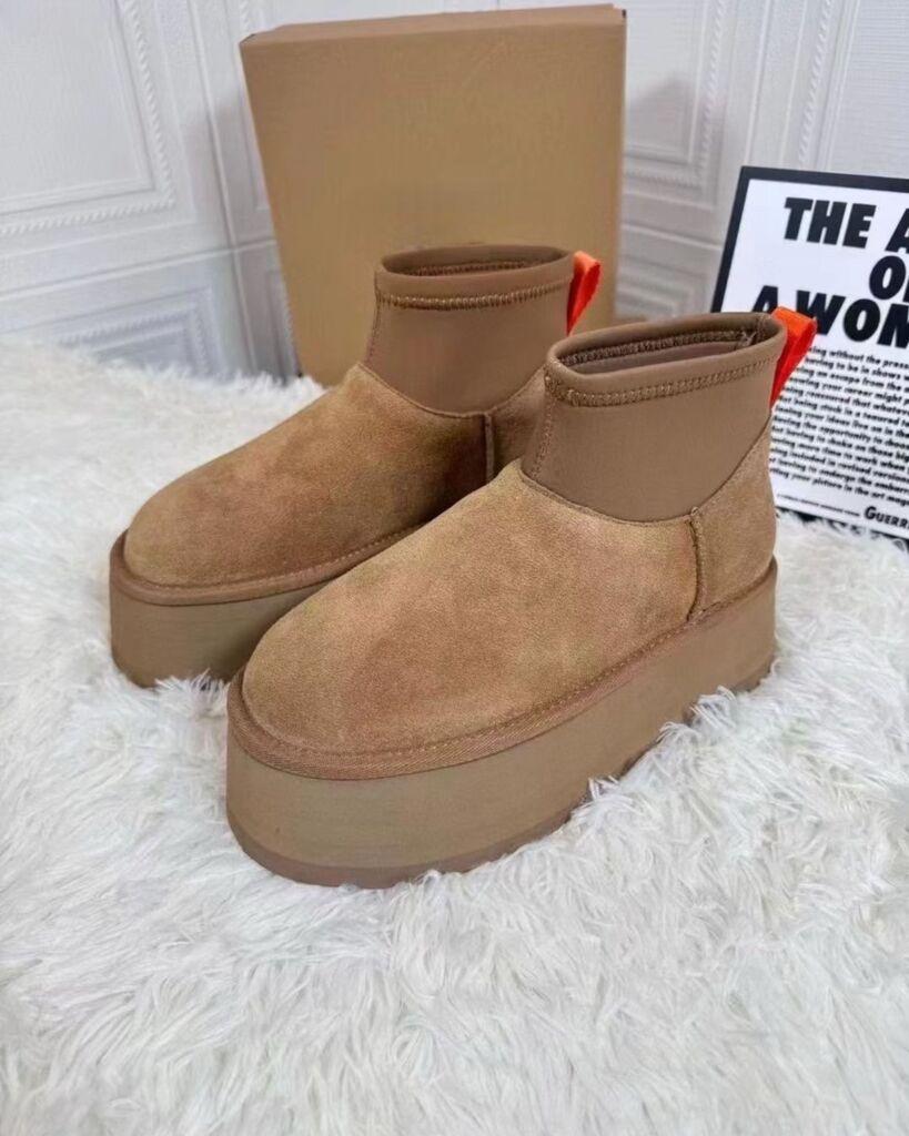 Squareonline Ženske kožne čizme sa krznom i visokim đonom, Smeđe