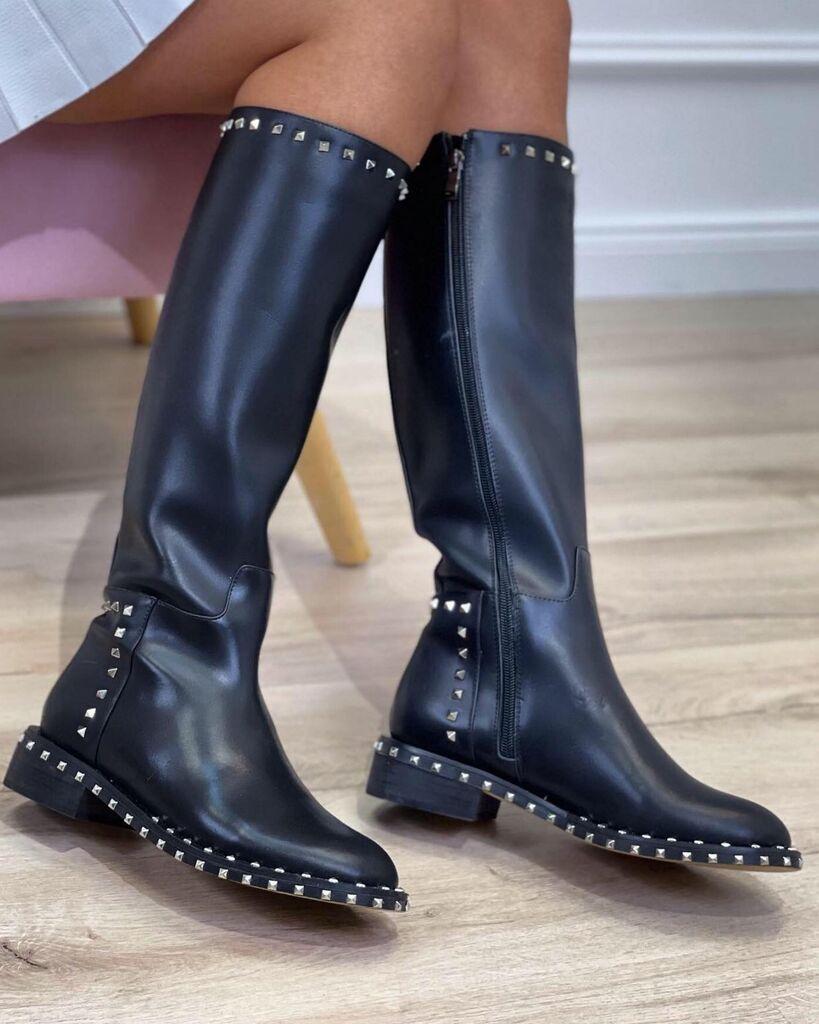 Squareonline Ženske kožne čizme sa silver nitnama, Crne