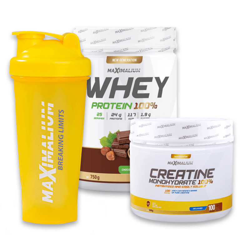 Maximalium Paket "Vojvoda od mišića", Whey Protein Čoko-lešnik 750 g + Kreatin monohidrat 500 g + Šejker, 0.7 l