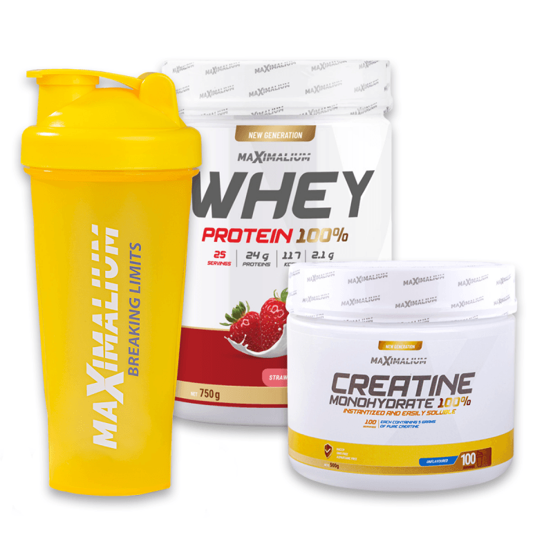 Maximalium Paket "Vojvoda od mišića", Whey Protein Jagoda/jogurt 750g + Kreatin Monohidrat 500g + Šejker
