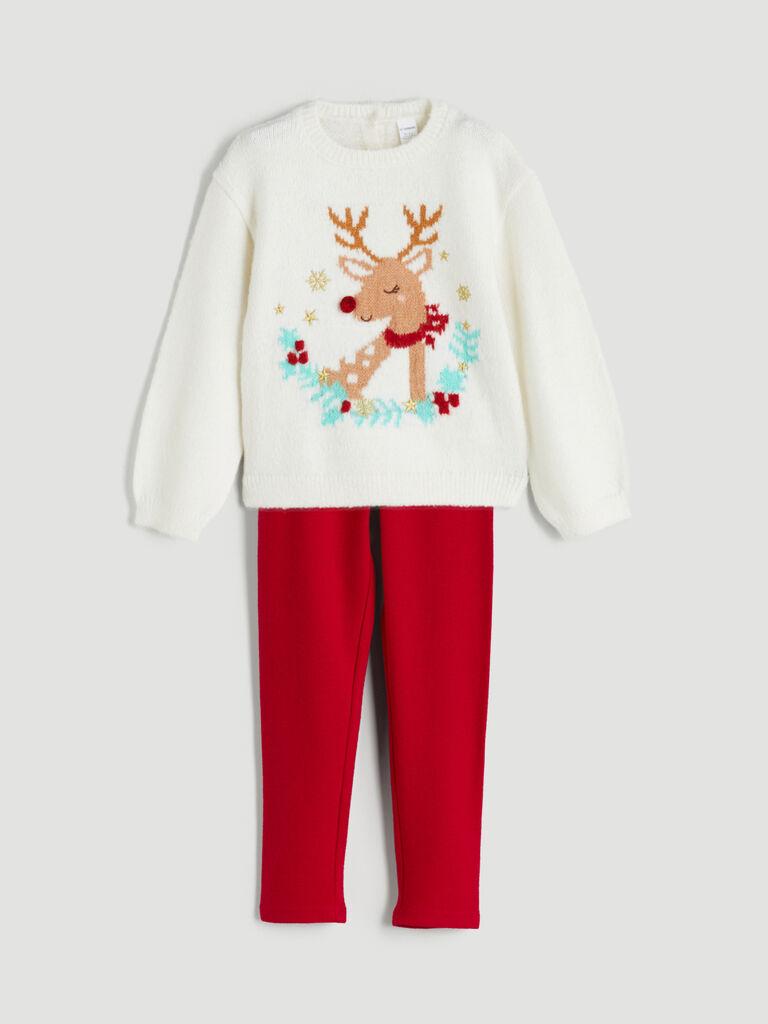 LC Waikiki Komplet za devojčice W5G346Z1-FES, Džemper i helanke, Crveno-beli