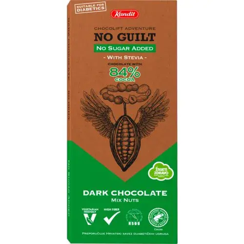 Kandit Crna čokolada bez šećera, Stevia i orašasti plodovi, 80 g