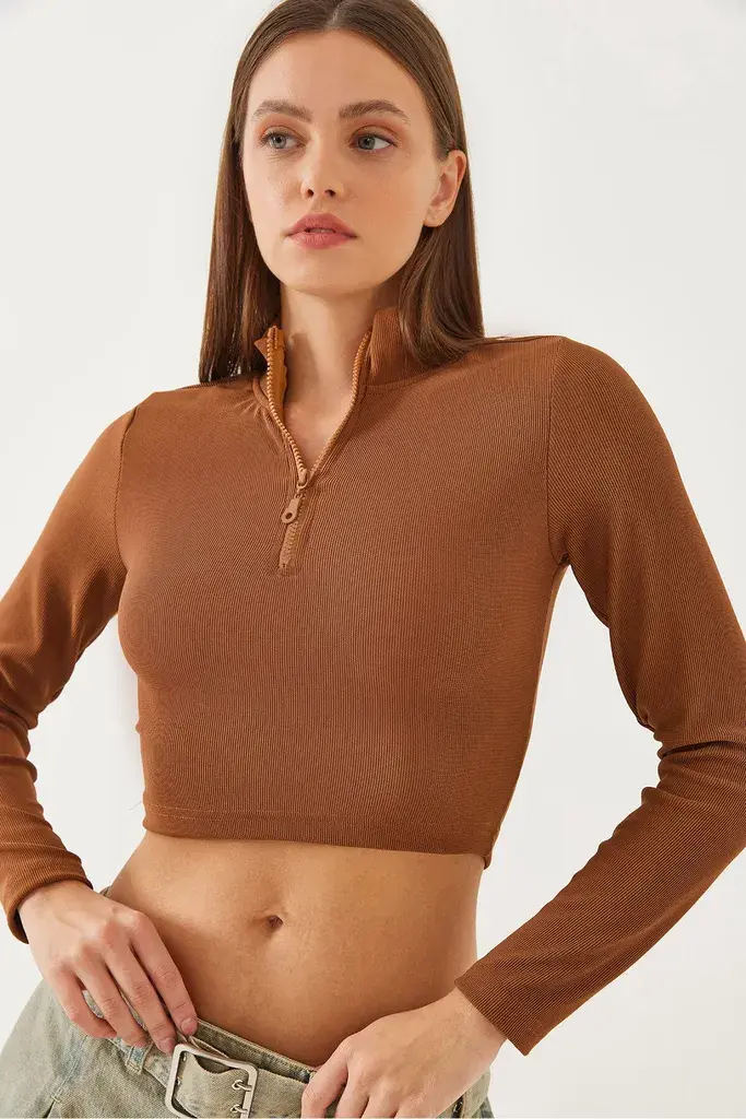 Bianco Lucci Ženska bluza dugih rukava 60351019, Zip kragna, Smeđa
