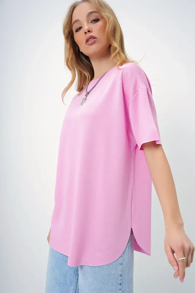 Trend Alacati Stili Ženska majica kratkih rukava ALC-X11506, Okrugli izrez, Roze