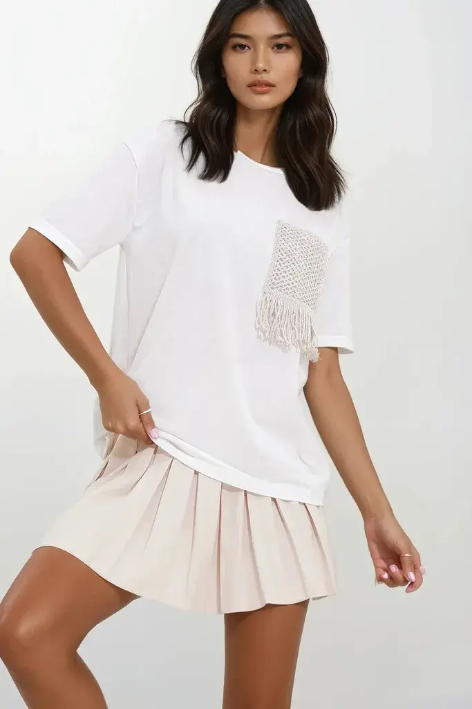 Trend Alacati Stili Ženska majica kratkih rukava ALC-X11587, Okrugli izrez, Bela