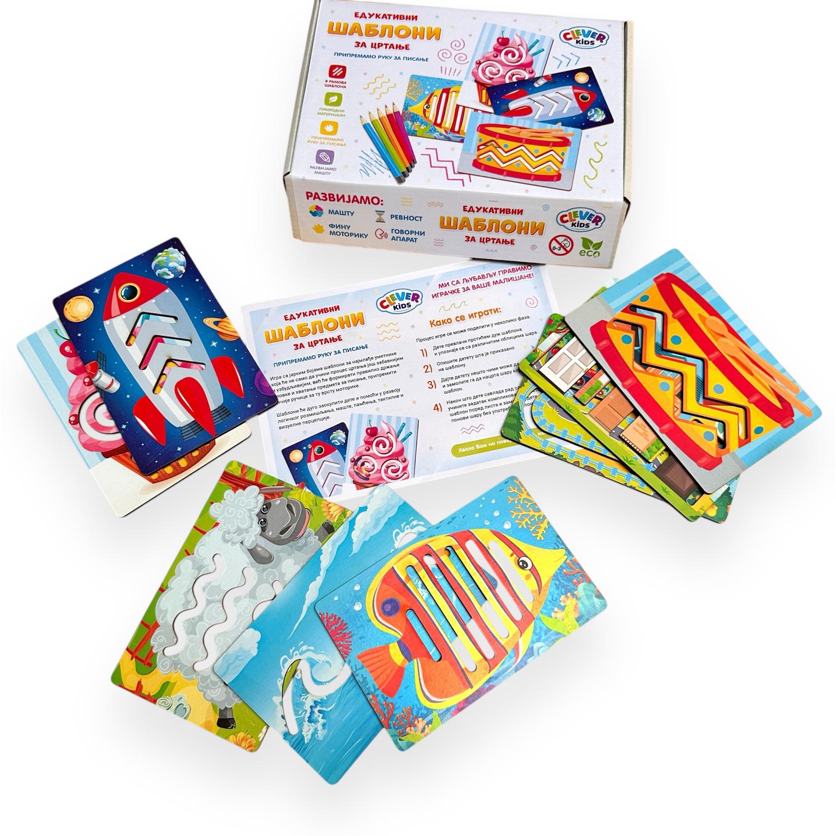 CLEVER KIDS Drveni Edukativni šabloni za crtanje, 8 ramova