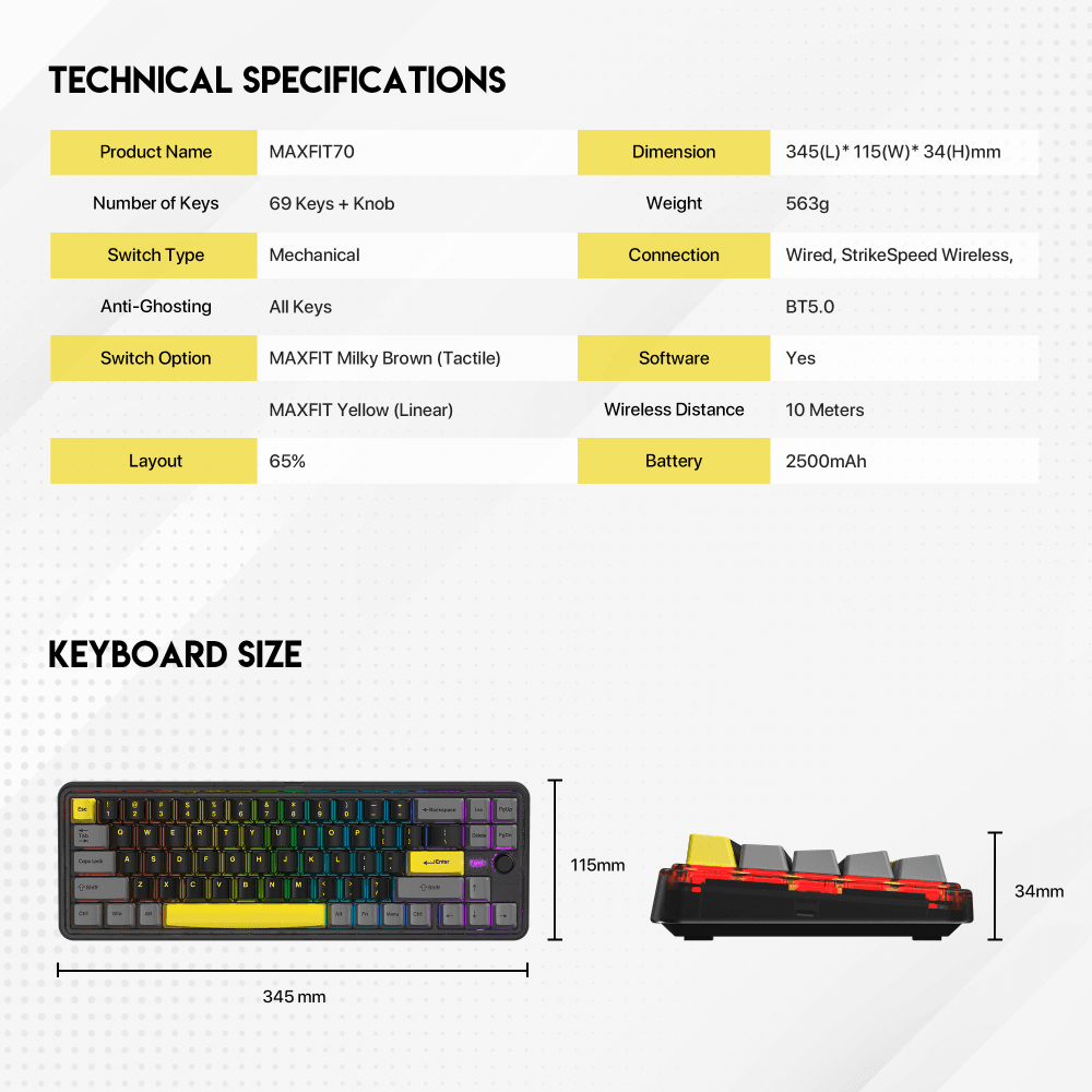 FANTECH Mehanička tastatura Gaming MK911 RGB Vibe Maxfit 70 London Tour Wireless (Yellow switch)