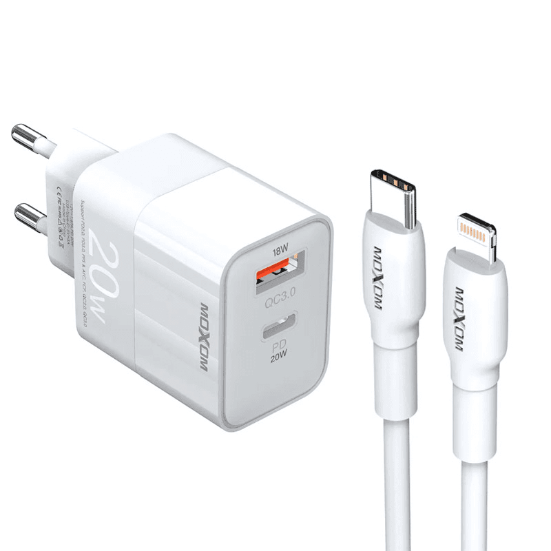 Kucni punjac Moxom MX-HC134 Fast Charge QC 18W PD20W sa kablom Type-C na iPhone Lightning beli