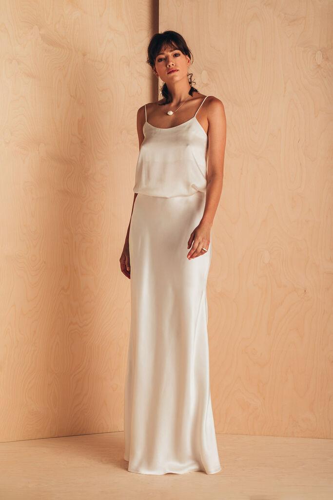 Mione Ženska duga svilena suknja sa elastičnim pojasom, Bela