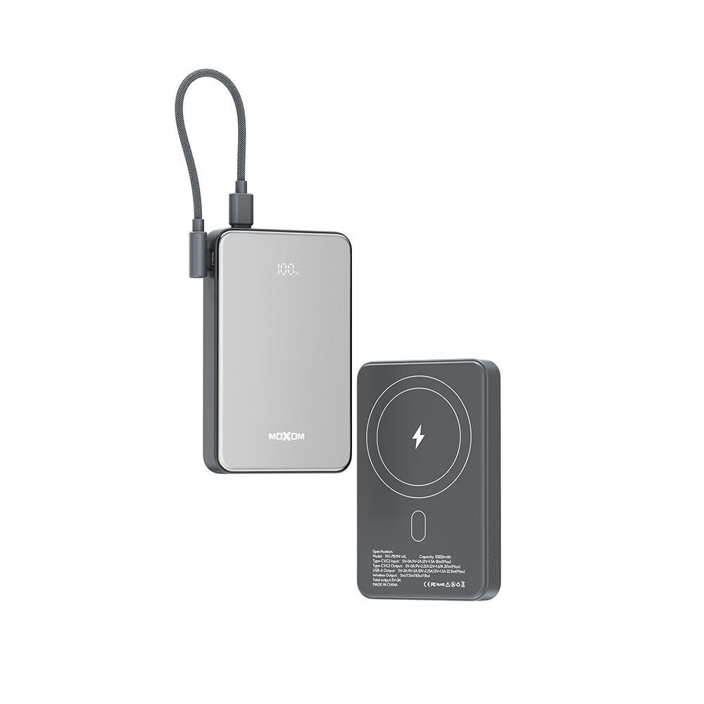 Moxom Power Bank MagSafe MX‑PB194 Fast Charge 22.5W + 15W Wireless Type‑C 10000mAh, Srebrni