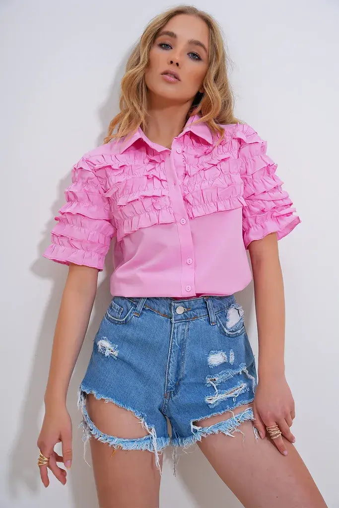 Trend Alacati Stili Ženska košulja dugih rukava ALC-X12371, Regular fit, Roze