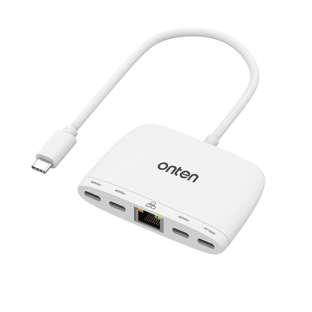 Onten USB Hub OTN-UC553, USB Type‑C sa 4 porta (3× USB‑C 480Mbps + USB‑C 5V) + Ethernet RJ45 100Mbps, kabl 18cm