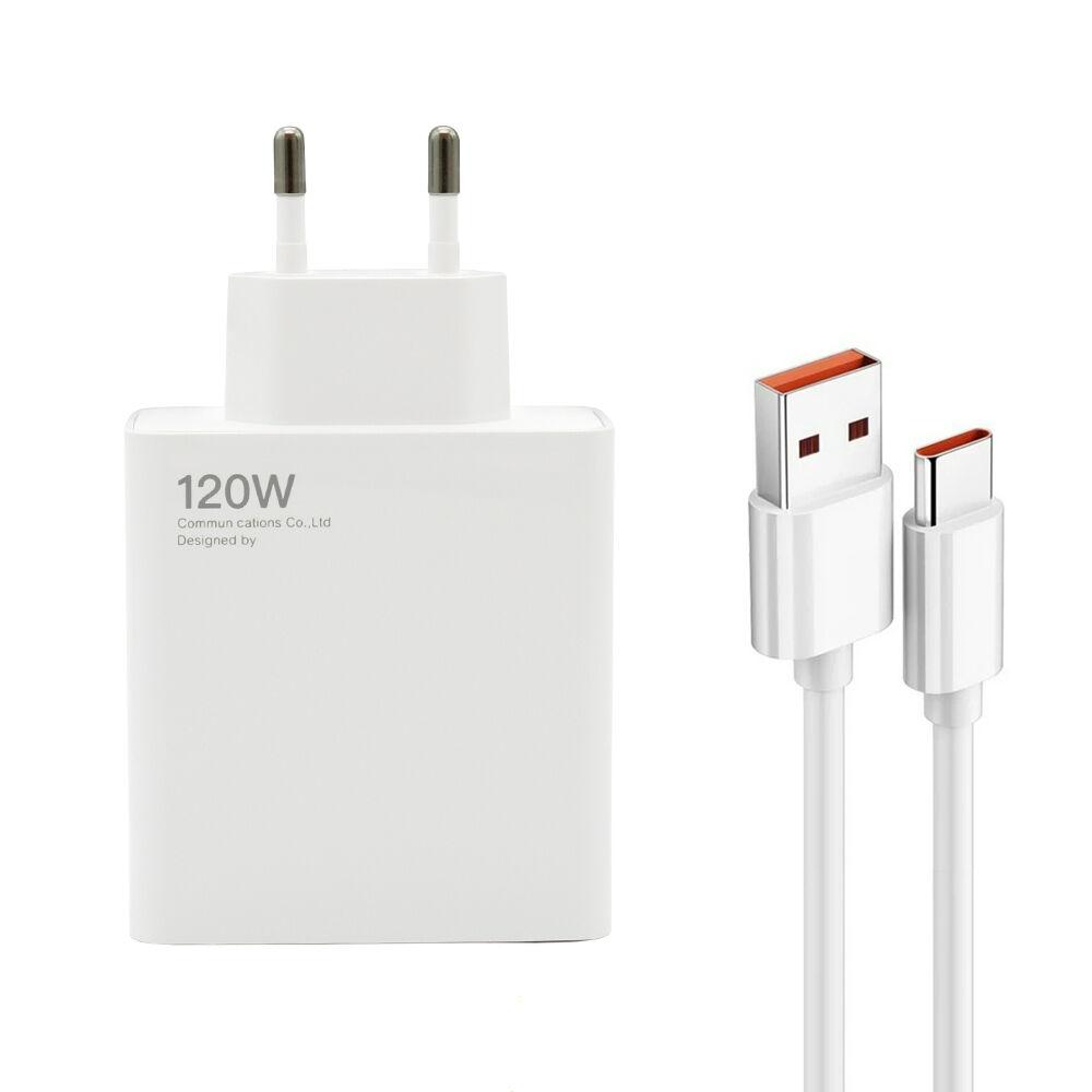 Kućni punjač, Super Fast, 120W GaN, 6A, USB A + Type C sa USB A na Type C kablom, Beli