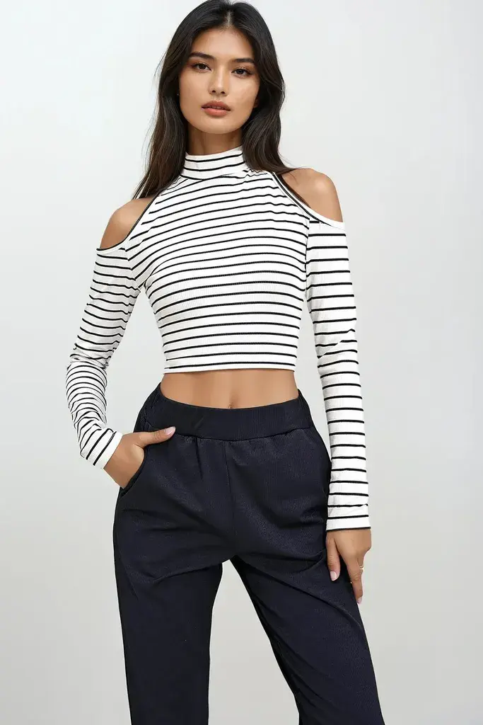 Trend Alacati Stili Ženska bluza dugih rukava ALC-X12644, Belo-crna