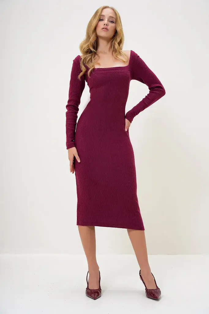 Trend Alacati Stili Ženska haljina Alc-X13074, Midi, Bordo