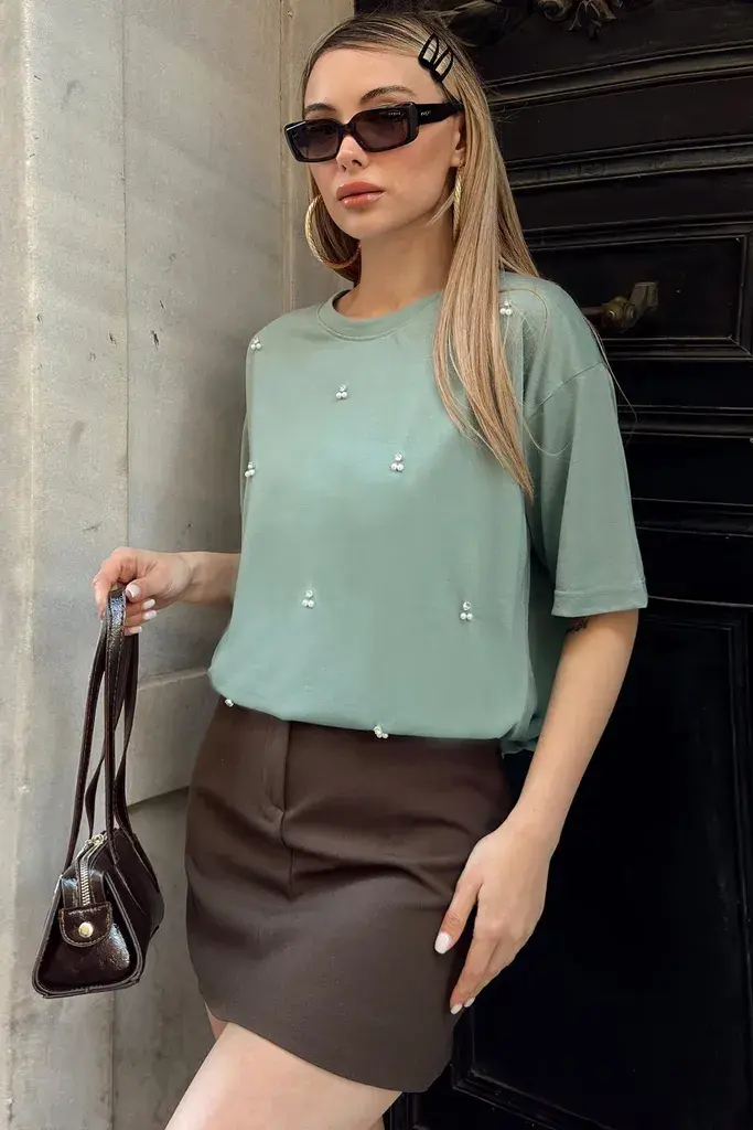Trend Alacati Stili Ženska majica Alc-X11964, Okrugli izrez, Svetlozelena