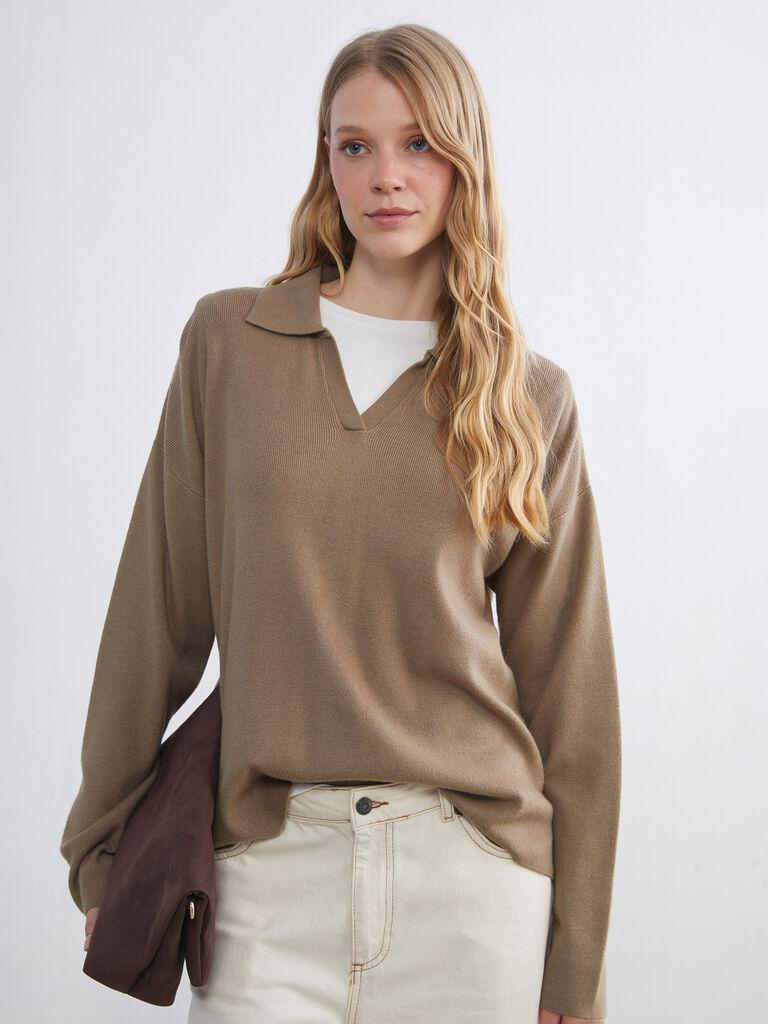 LC Waikiki Ženski džemper W5LS26Z8-D6H, Polo kragna, Bež