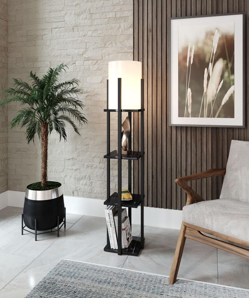 Opviq Podna lampa sa 3 police metal/drvo black