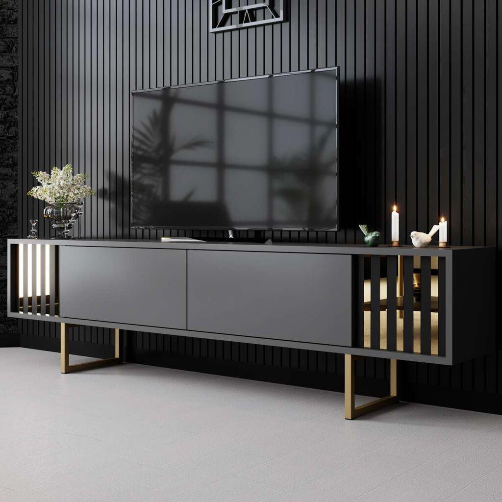 Hanah Home TV Komoda Gold Line, 180x48x30 cm, Antracit-Zlatne boje