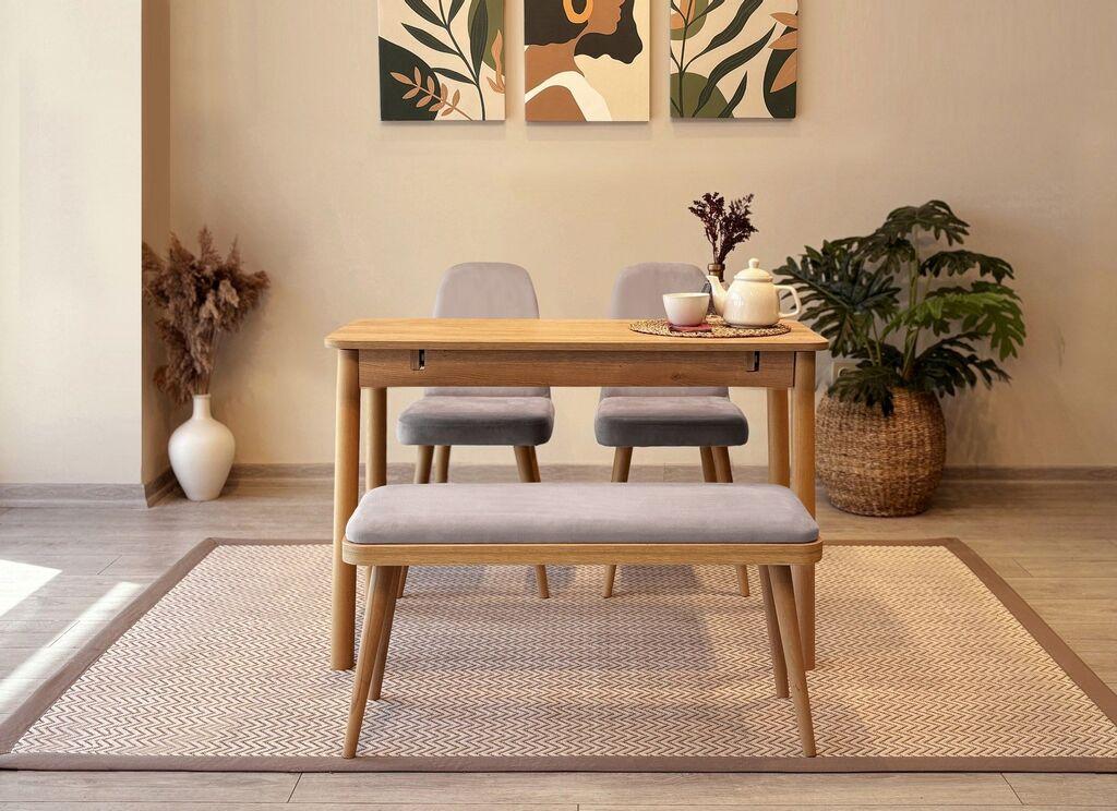 Hanah Home Set Trpezarijski sto, 2 trpezarijske stolice i klupa Vina Mini 01 0701, Svetlosivi