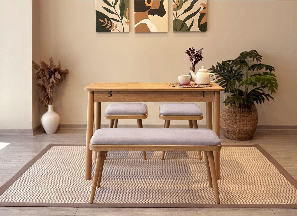 Hanah Home Set Trpezarijski sto, 2 trpezarijske stolice i klupa Vina Mini 04 0701, Sivi