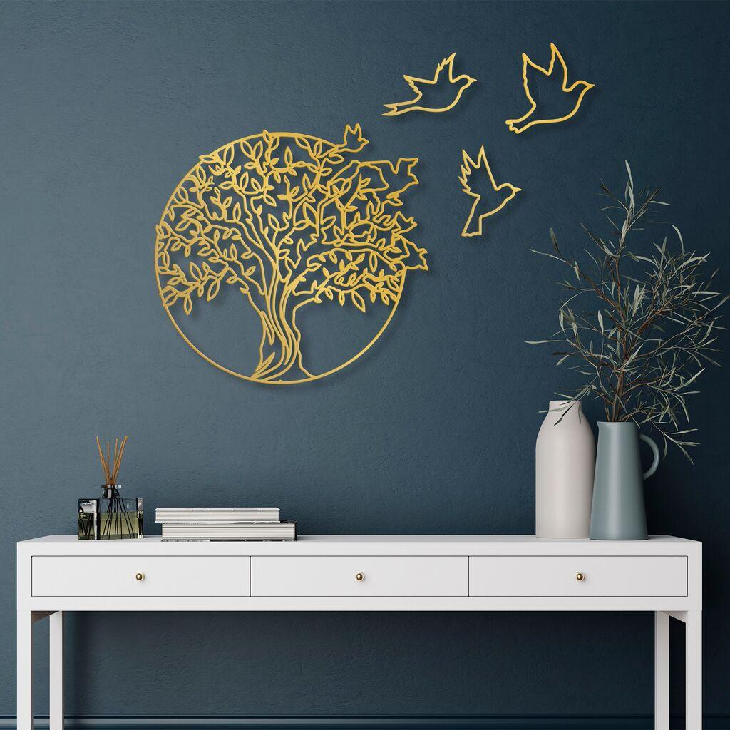 Wallity Zidna dekoracija Tree And Birds 4, 61x56 cm, Zlatne boje