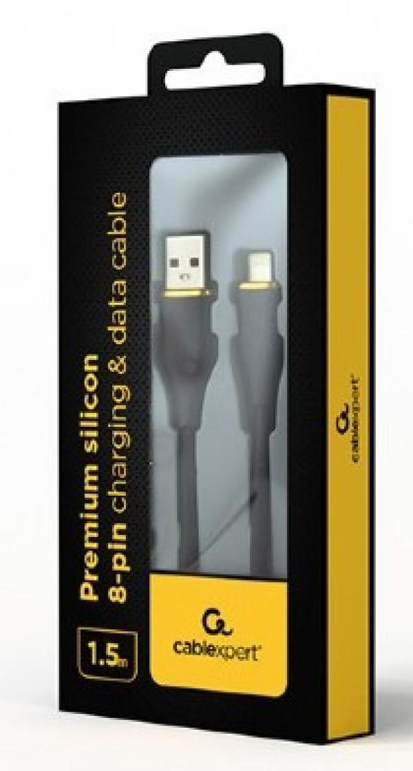 GEMBIRD Premium silikonski 8-pin kabl za punjenje i prenos podataka CC-USB2S-AM8PM-1.5M-BK, 1.5 m, Crni