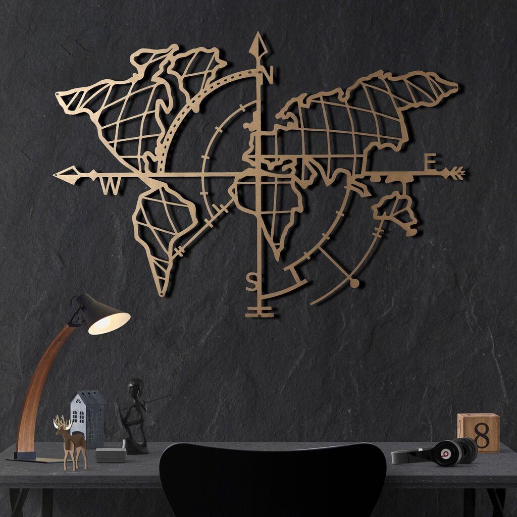 Zidna dekoracija kompas karta 65x95 cm zlatna