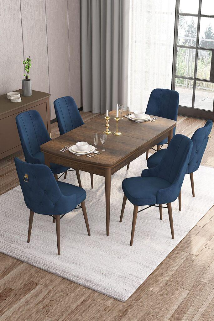 Hanah Home Set Trpezarijski sto i 6 stolica Are, Plavo-braon