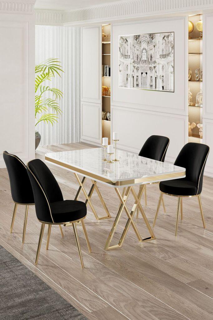Hanah Home Set Trpezarijski sto i 4 stolice, Crno-beli