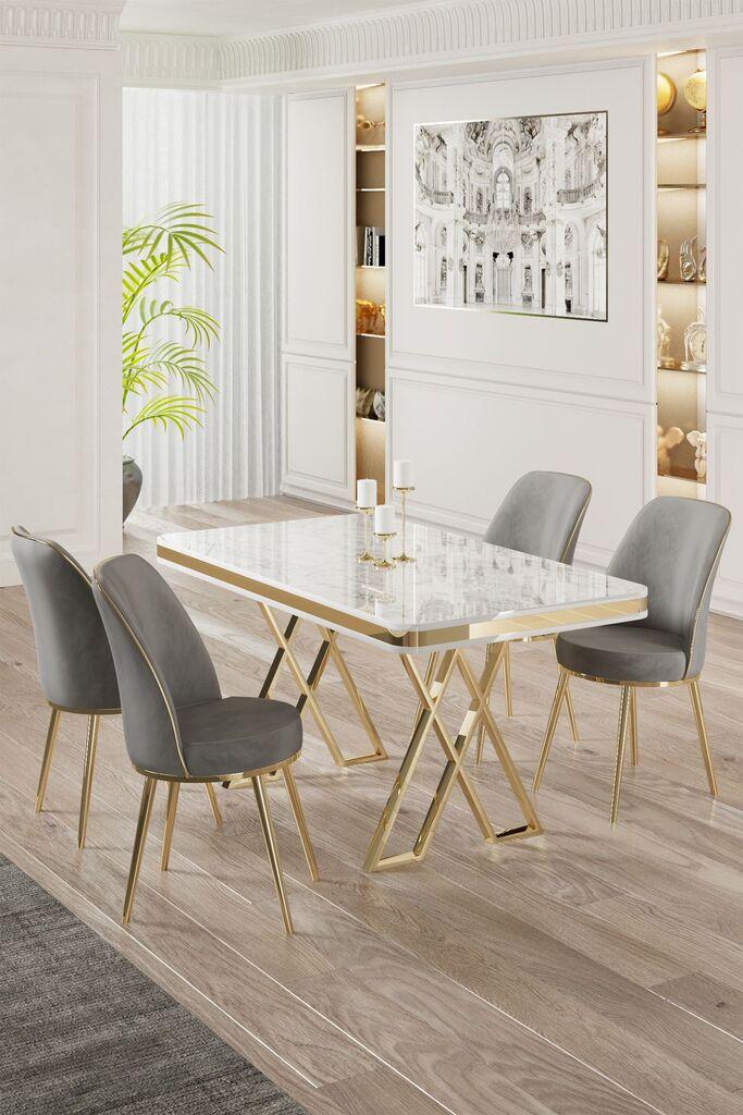 Hanah Home Set Trpezarijski sto i 4 stolice, Sivo-beli