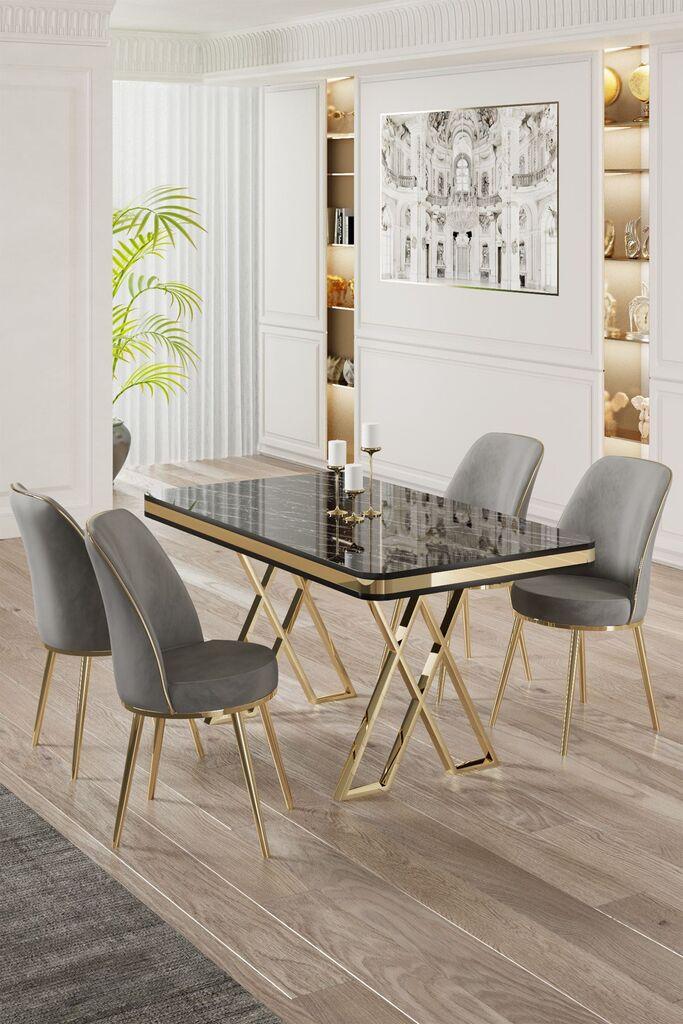 Hanah Home Set Trpezarijski sto i 4 stolice, Sivo-crni